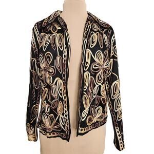 Anu by Natural Blazer Womens Medium Floral Embroidered Open Shacket Black Cream